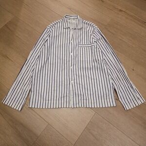 Tekla Organic Cotton Pajama Button Up Lounge Shirt M White Purple Stripe